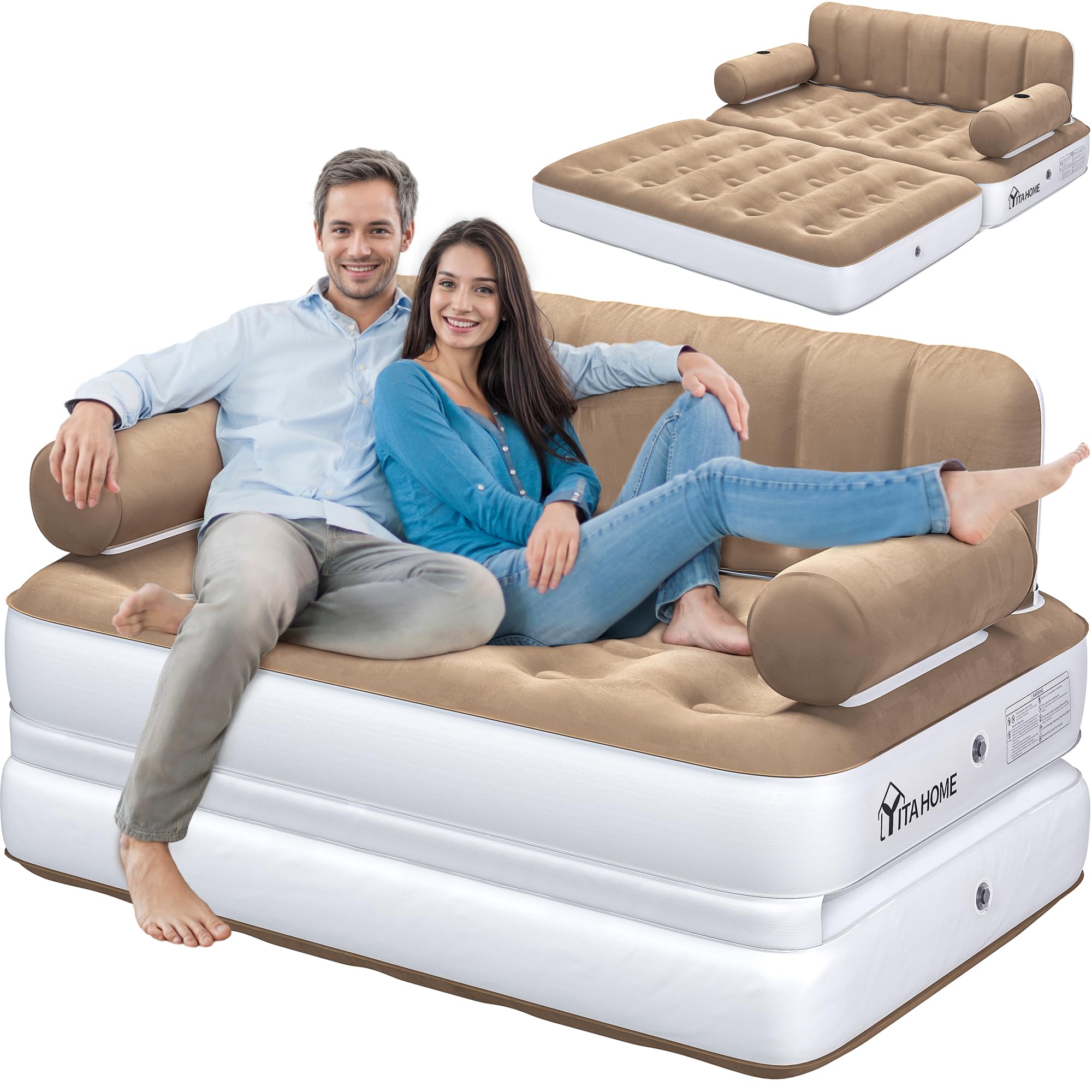 Photo 1 of YITAHOME Queen Size Inflatable Sofa Bed with Headboard and Pump, Convertible Blow Up Couch, 2-in-1 Brown Air Sofa Bed for Home, Camping, and Guests, Brown