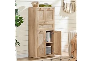 LEYAOYAO 48" Tall Storage Cabinet,Rattan Bathroom Floor Cabinets with 4 Doors & 1Drawer,Boho Kitchen Pantry with Adjustable Shelves,Wooden Cupboard for Living Room,Home Office,Dining,Natural Wood