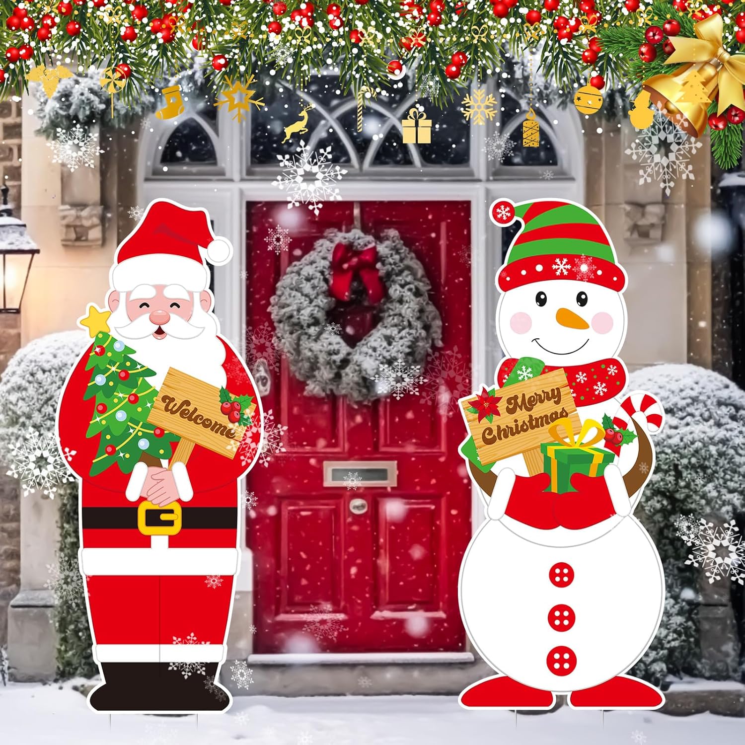 Decorative Garden Stakes - Soaoo 2 Pcs 31.5 Inch Christmas Santa Snowman Garden Stakes Christmas Yard Stakes Christmas Yard Decorations Christmas Lawn Stakes for Outdoor Lawn Garden Christmas Welcome Decorations