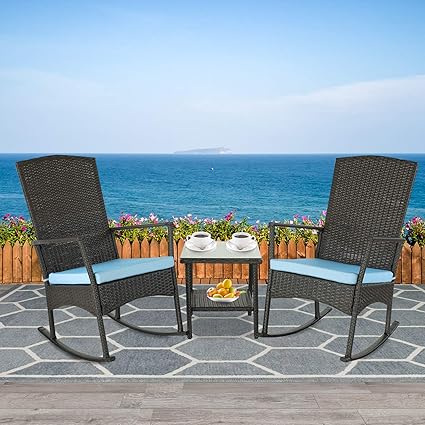Dark Brown Ratan Chair amazon com rattaner wicker rocking chair set 3 piece outdoor patio dark brown rattan furniture with glass coffee side table washable blue cushion garden