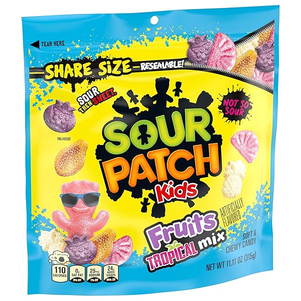 SOUR PATCH KIDS FRUITS TROPICAL MIX SOFT & CHEWY CANDY, SHARE SIZE, 11.11 OZ