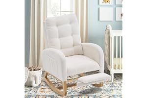 cinkehome Nursery Rocking Chair with Retractable Foot Rest, Teddy Glider Rocking Chair, Mid Century Rocker Chair, High Back, Solid Wood Legs