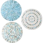 Tioncy 3 Pcs 11.8 Inches Spring Summer Blue Mother of Pearl Shell Plate Coastal Wall Art Mosaic Wall Sculpture Shell Handmade Hanging Plates Arts for Bedroom Bathroom Home Office Hotel