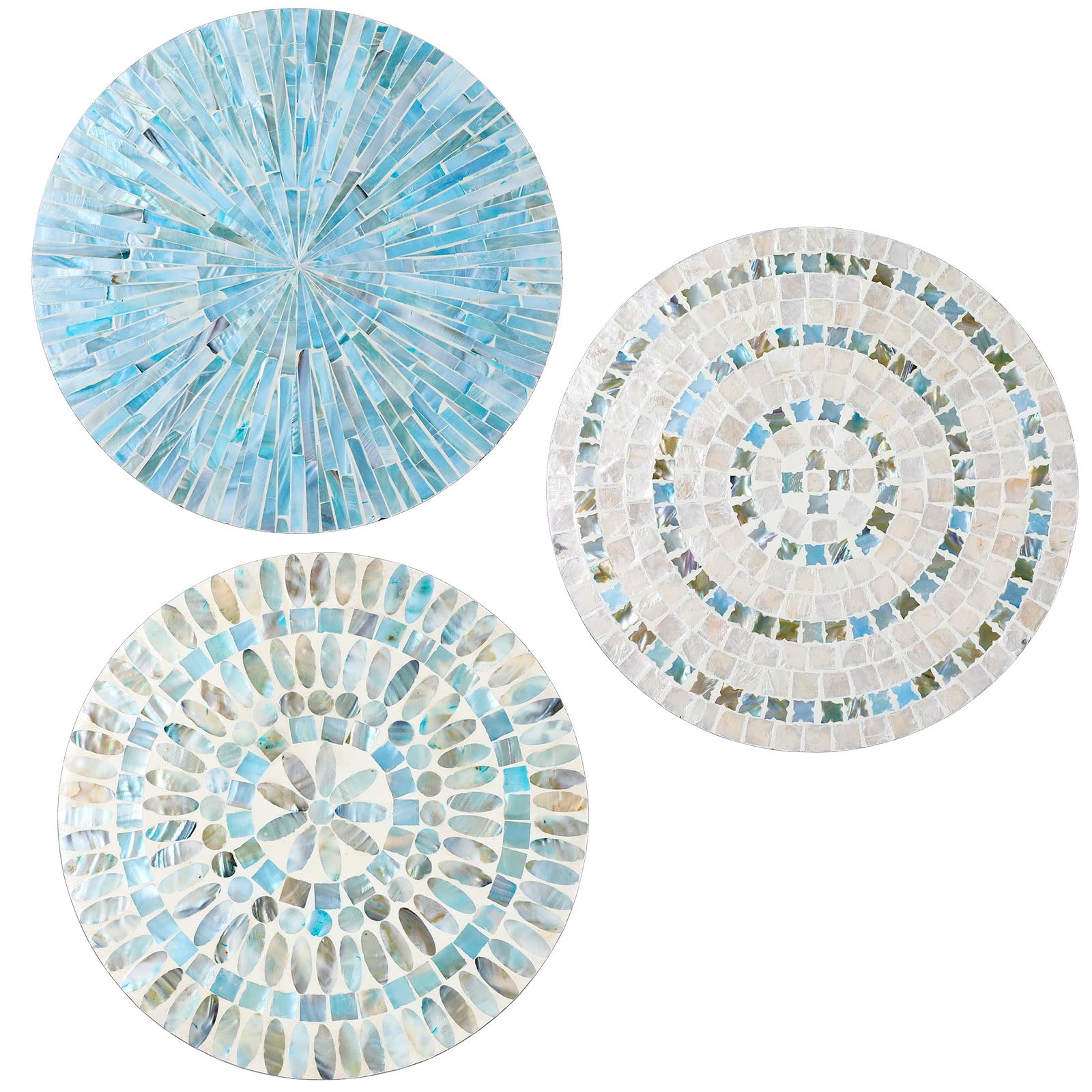 Photo 1 of Tioncy 3 Pcs 11.8 Inches Mother of Pearl Shell Plate Coastal Wall Art Mosaic Wall Sculpture Shell Handmade Hanging Wall Plates Arts for Summer Spring Bedroom Bathroom Home Office Hotel(Blue)