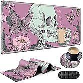 Large Gaming Mouse Pad Plus a Coasters + Cable Clips, Pink Skull Butterfly Extended Mousepad (31.5 x 11.8) with Stitched Edge, Foldable Computer Keyboard Desktop Mouse Mat for Home Office