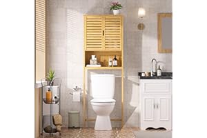 Yardenaler Over-The-Toilet Storage Shelf with Doors, Bathroom Freestanding Bamboo Organizer Space Saver with Adjustable Shelf, Natural