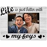 Hiuwevt Mom and Son 4x6 Picture Frame, Boy Mother Gifts Photo Frame, Mom and Son Gifts, Life Is Better with My Boys Wooden Picture Frames for Wall or Tabletop Display