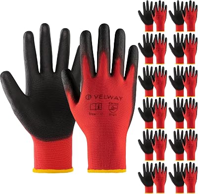 Velway 12 Pairs Safety Work Gloves M 8 PU Coated Non-Slip Gardening Gloves