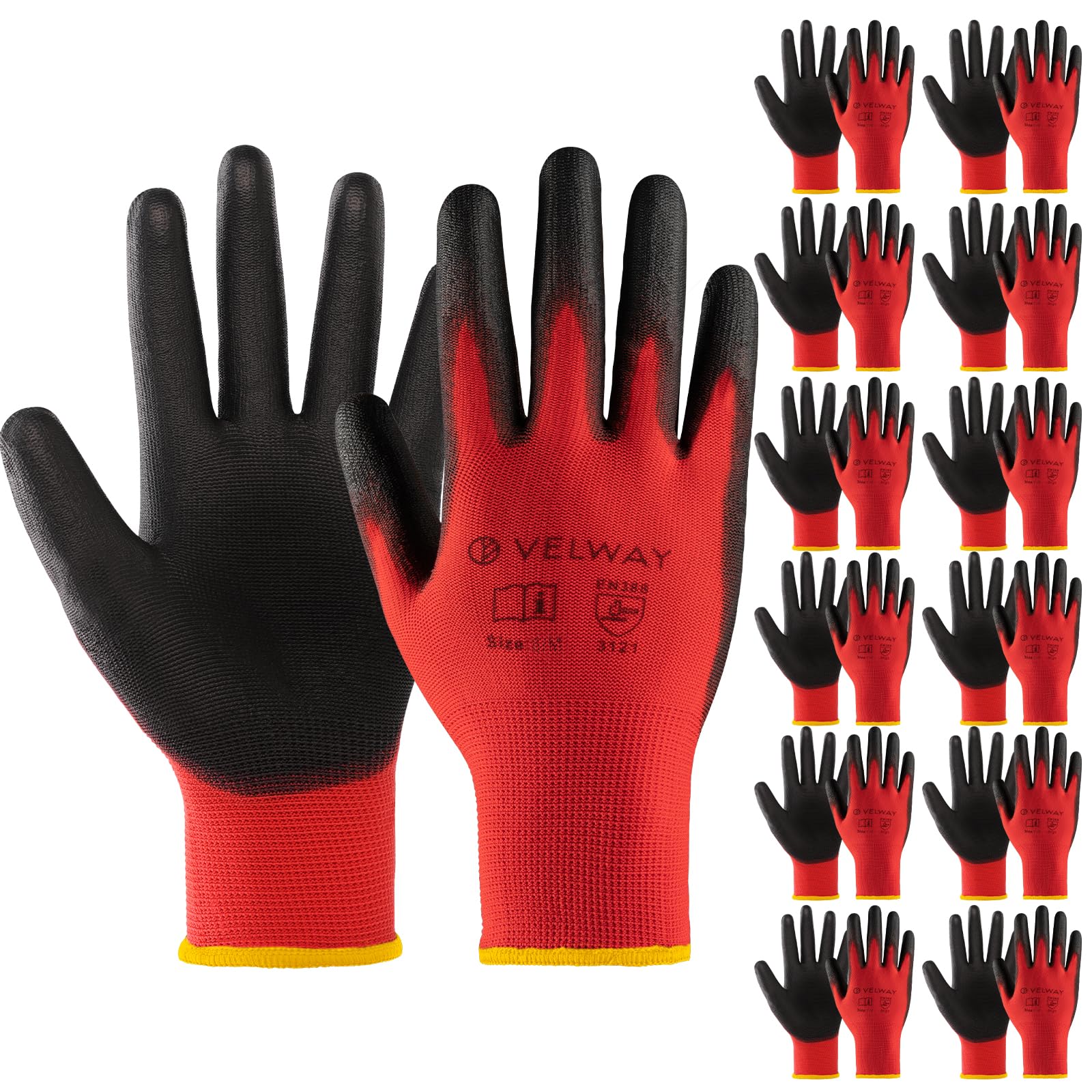 Velway 12 Pairs Safety Work Gloves - Firm Grip Gardening Gloves Non-Slip PU Coated Lightweight Breathable Protective Mechanic Builders Working Gloves Men Women for General Duty Work Red (Size 8/M)