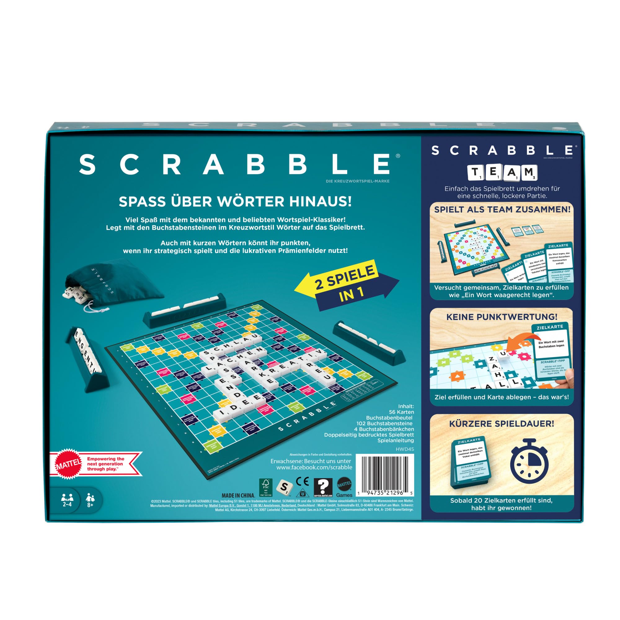 MATTEL GAMES Scrabble Zwei in Eins - Doppelseitiges Brettspiel für schnelles, zwangloses und kooperatives Spiel, inklusive 50 Zielkarten für Scrabble Together, einfache Punktevergabe, HWD45 6