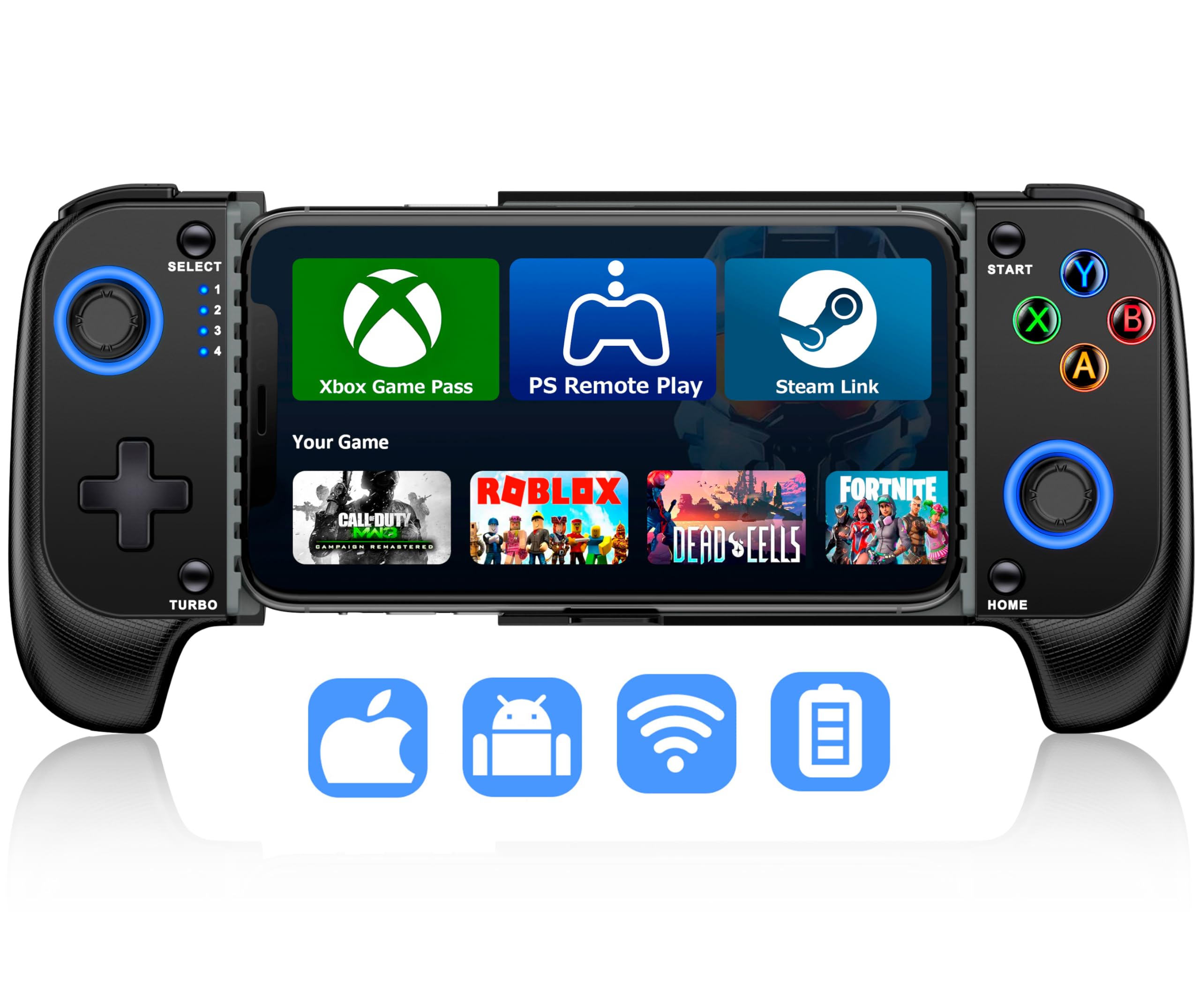 Photo 1 of Wireless Phone Controller for iPhone/Android No Deadzone, Mobile Gaming Controller Support Xbox Game Pass, PlayStation, Steam Link, Call of Duty, Roblox, Cloud Gamepad for iOS with Dynamic LED Lights
