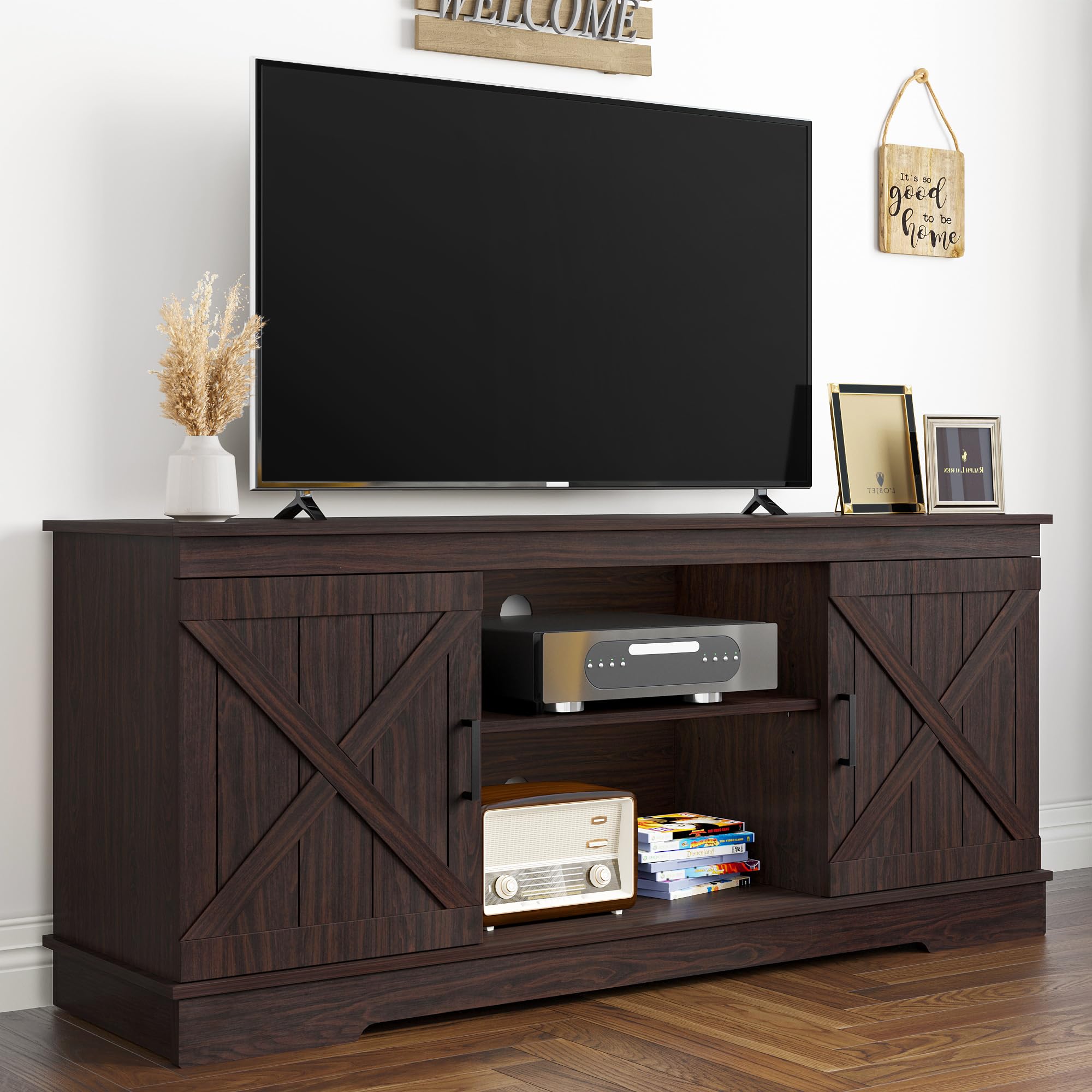 YITAHOME Farmhouse TV Stand for 65 Inch TV, Mid Century Modern Entertainment Center with Double Barn Doors, Rustic TV Media Console TV Cabinet for Living Room, Espresso