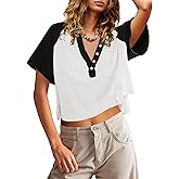 ReachMe Womens Summer Going Out Tops V Neck Henley T Shirts Color Block Vintage Tees Short Sleeve Y2k Shirts