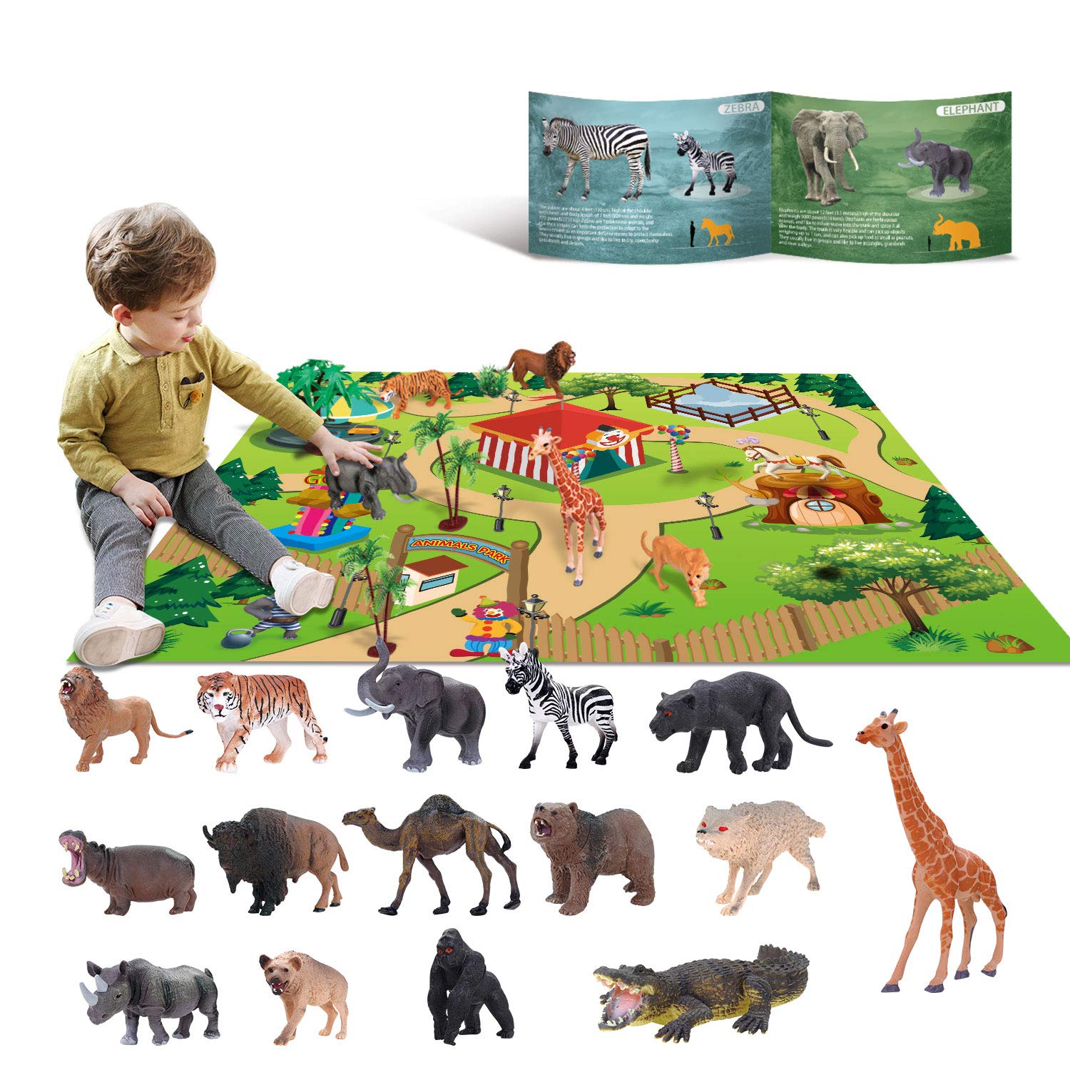 YouCute 15 Animal Toys for 3 4 5 6 Years Old Boys Girls Jungle Wild Set Educational Plastic Animal Toys with Play Mat Lion Tiger Party Gifts for Kids