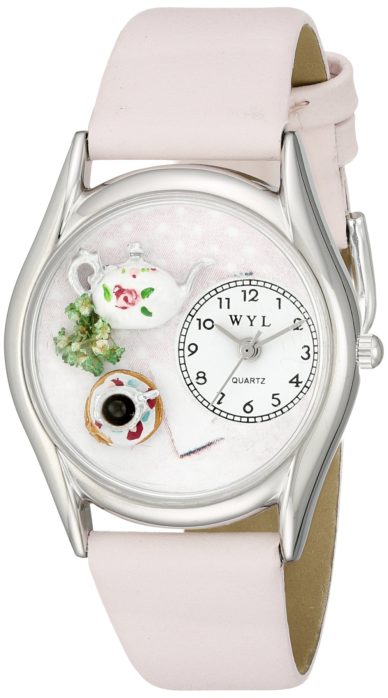 Whimsical Watches Tea Roses Pink Leather and Silvertone Unisex Quartz Watch with White Dial Analogue Display and Multicolour Leather Strap S-0310003