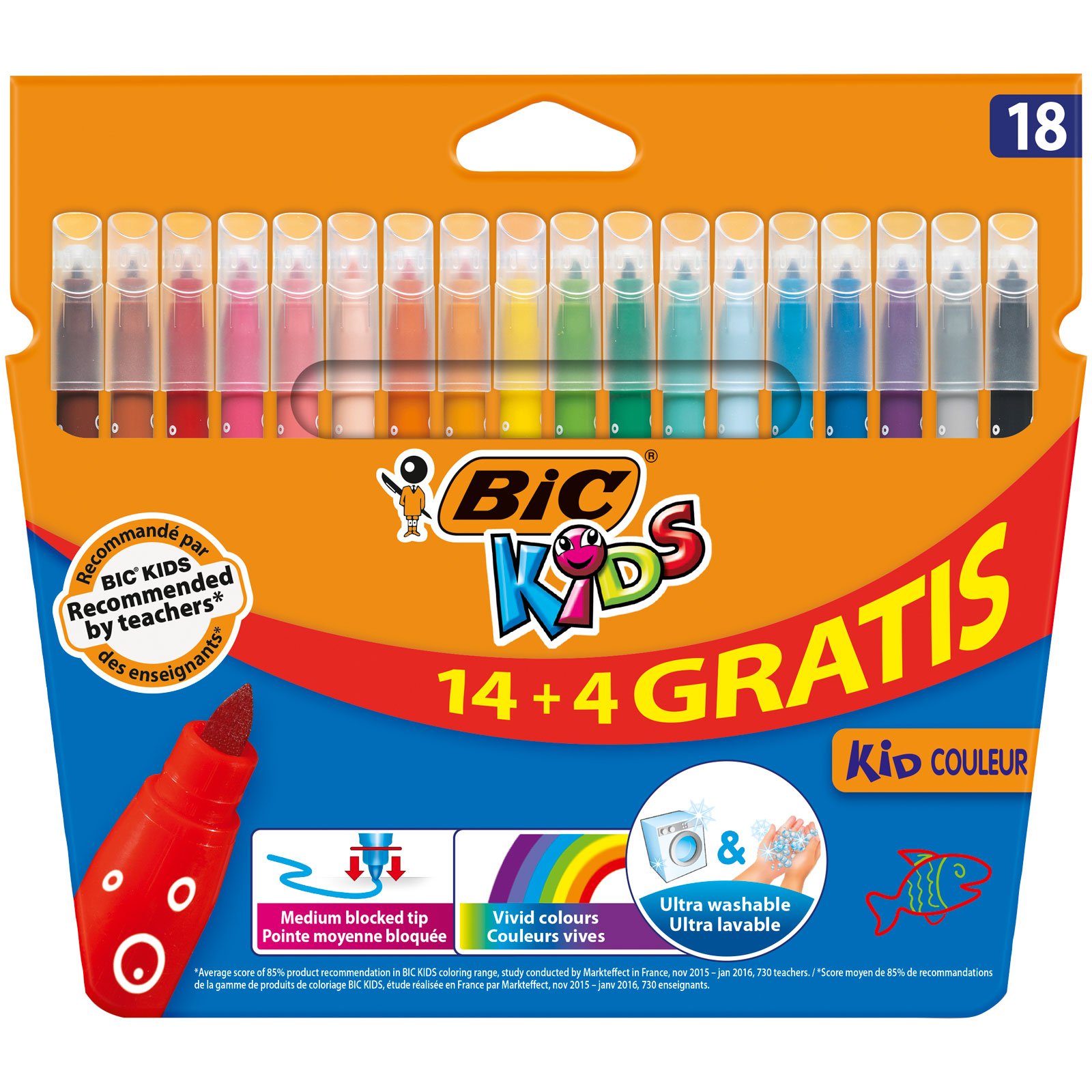 BIC Kids Kid Couleur Felt Tip Colouring Pens - Assorted Colours, Cardboard Wallet of 14+4