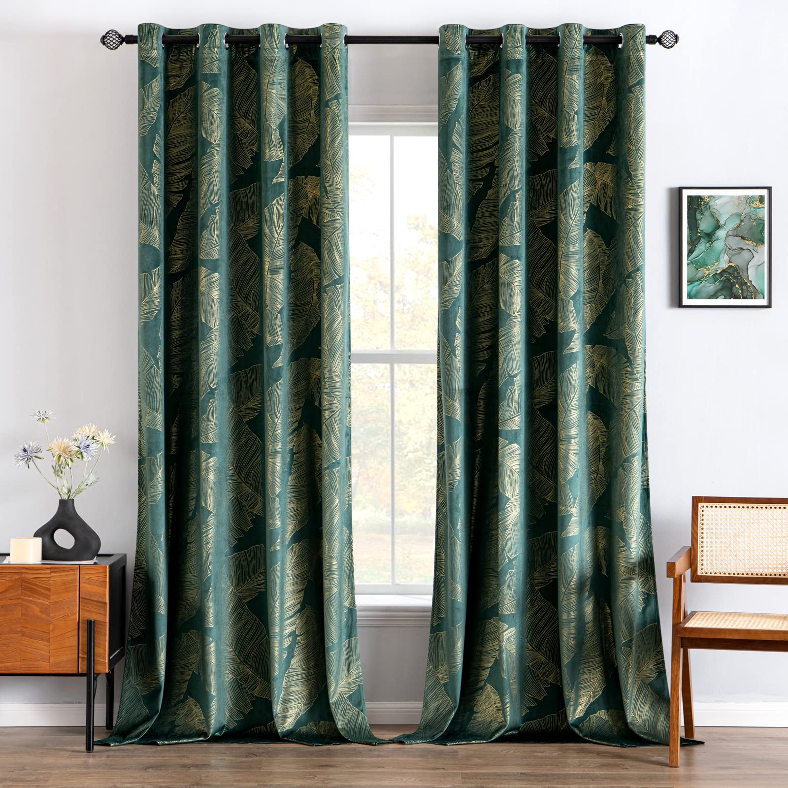 MIULEE Velvet Curtains with Gold Foil Leaves Pattern, 2 Dark Green Velvet Curtains with Eyelets, Each 46 x 90 Inch, Room Darkening Drapes for Classical Living Room Bedroom