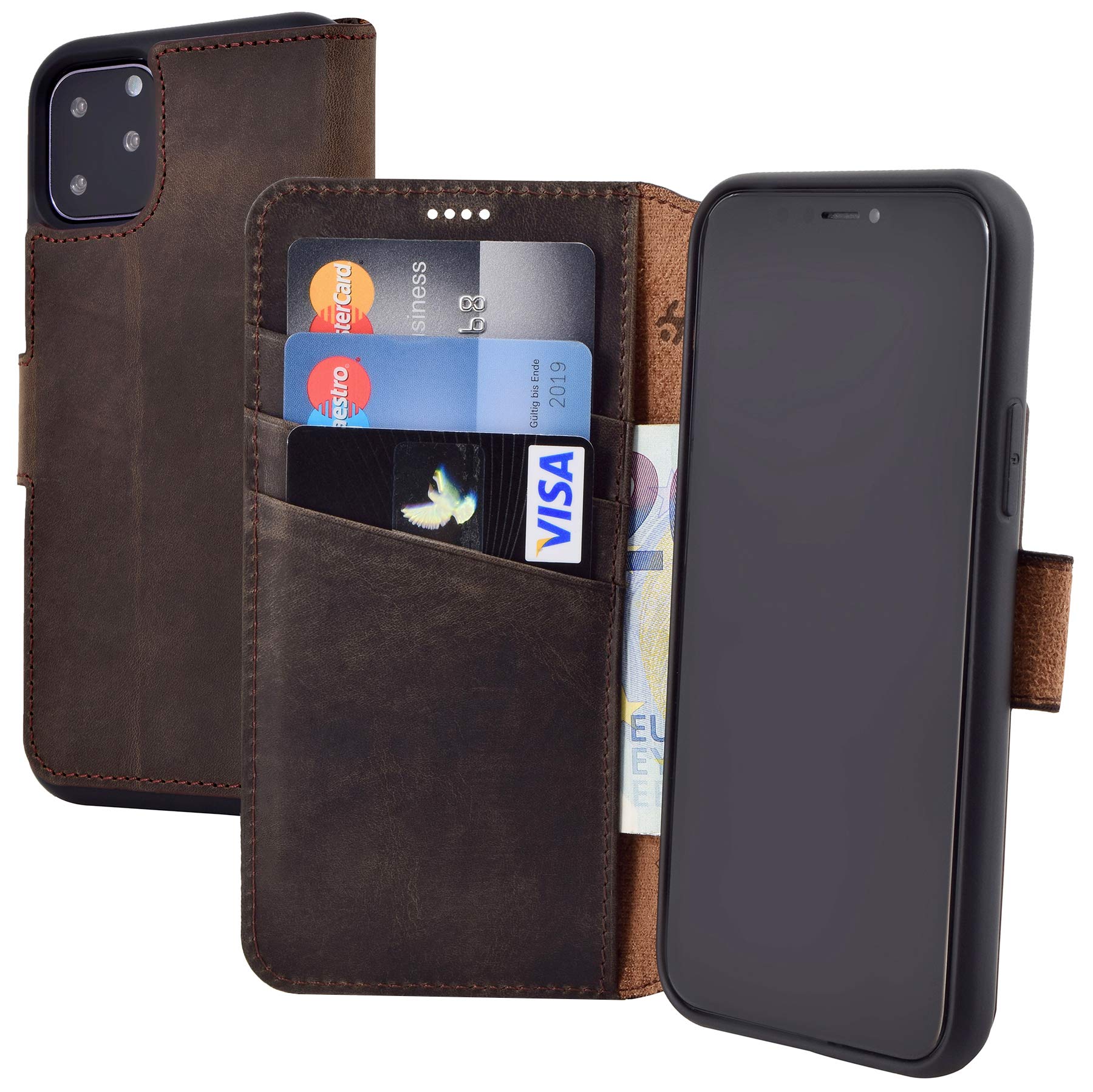 Suncase Book-Style Case compatible with iPhone 11 Pro (5.8 inch) Leather Case (Slim-Fit) Leather Case Cell Phone Case Protective Case with 3 Card Slots in Antique Brown