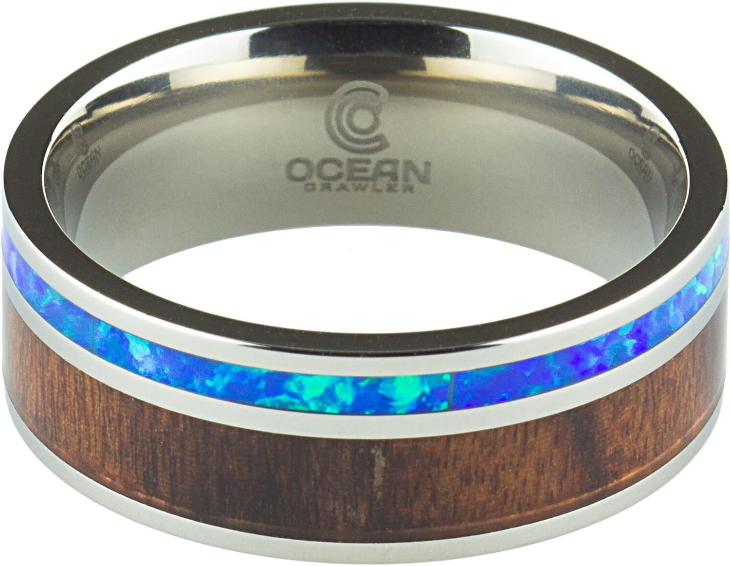 Ocean Crawler Titanium Ring Inlaid with 100% Natural Koa Wood and Genuine Mosaic Opal - 8mm Wide - Wedding, Engagement.