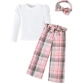Coaturi Toddler Girl Clothes Sets: 3 Piece Puff Sleeve Ribbed Top Wide Leg Pants Sets with Headband Fall Outfits 2-8 Years