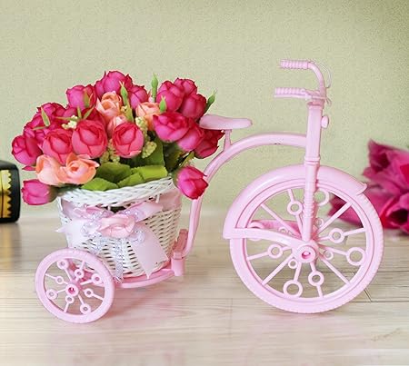 Tied Ribbons Cycle Shape Plastic Flower Vase with Flower Bunches (10.01 cm x 10.01 cm x 21.99 cm, White)