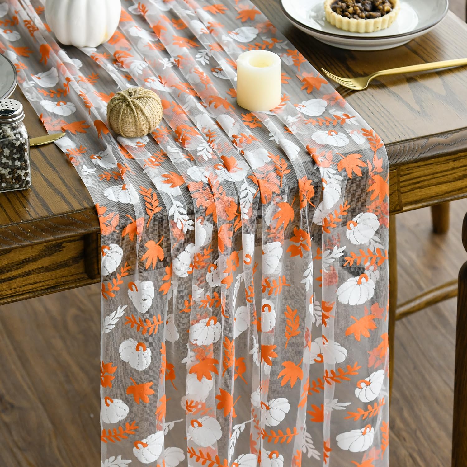 Photo 1 of Artoid Mode Orange Pumpkins Fall Leaves Gauze Table Runner 120 Inch 10FT, Autumn Seasonal Sheer Dining Holiday Table Decor for Home Party