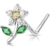 MeIighting 20G Flower Nose Stud L-Shaped 925 Sterling Silver Nose Piercing 7mm Nose Ring Silver Nose Ring Clear CZ Cute Nose Piercing jewelry for Women