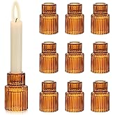 Hewory Glass Taper Candle Holders: 10 PCS Amber Elegant Candle Holder Candlestick Holders Bulk, Ribbed Glass Candle Holder Candle Sticks Holder Decor for Table Centerpiece Fall Thanksgiving Home Decor