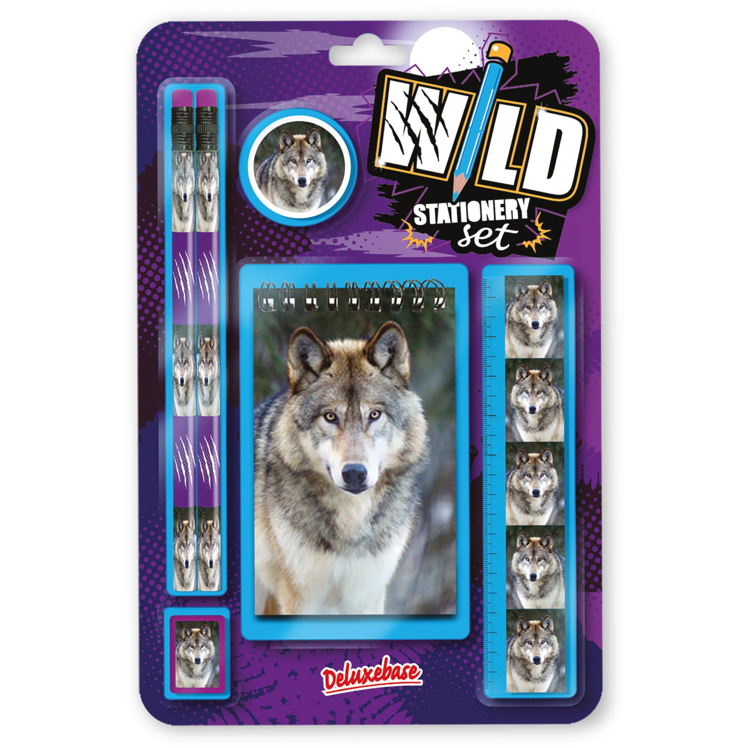 Deluxebase Wild Stationery Set – Wolf, 6 Piece School Supplies Set including Notebook, 2 Pencils, Ruler, Pencil Eraser and Sharpener, Fun Animal Stationery Gifts for Kids and Students.