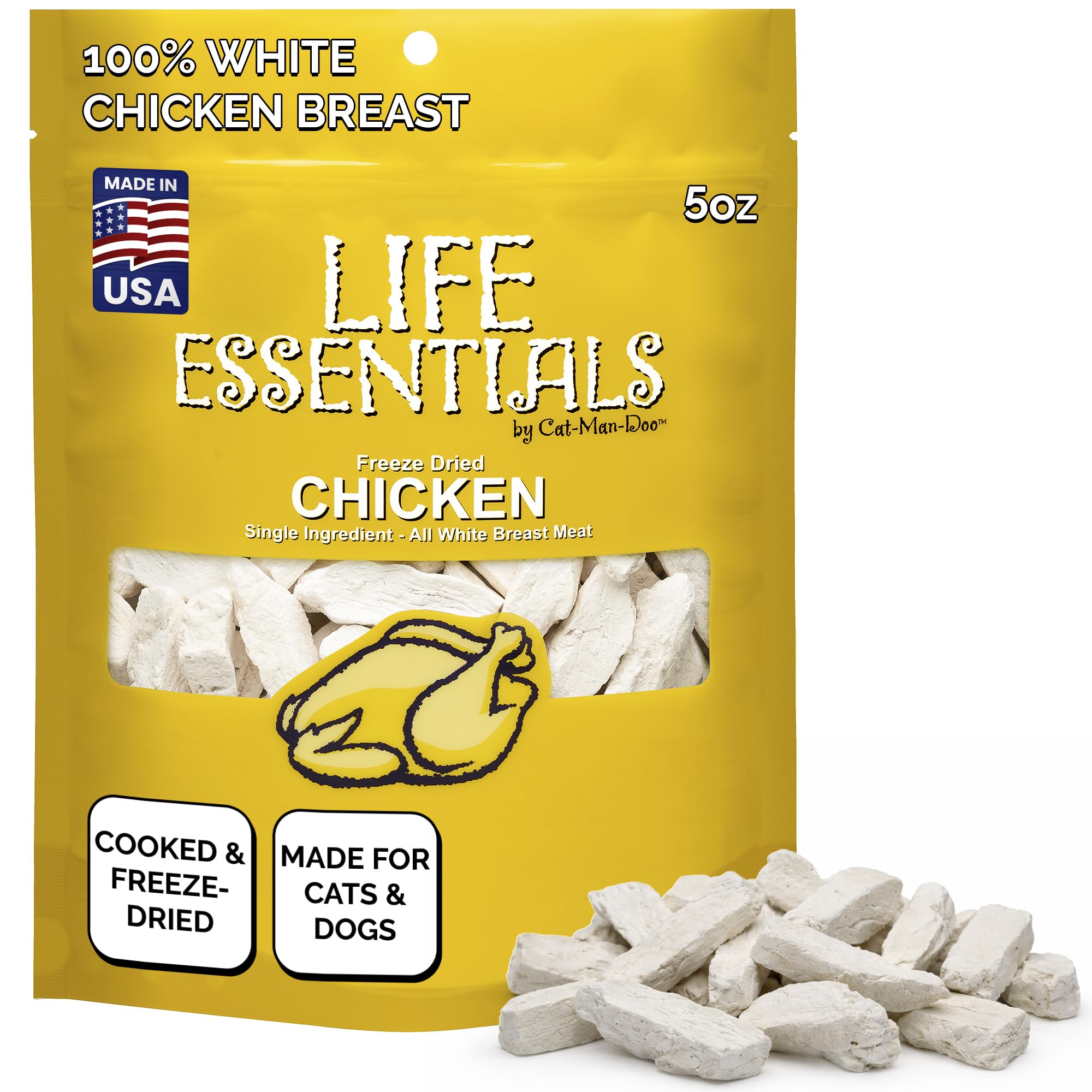 LIFE ESSENTIALS BY CAT-MAN-DOO All Natural Freeze Dried Chicken for Dogs & Cats - No Fillers, Preservatives, or Additives - Grain Free Tasty Treat - 5 Oz Bag - Made in USA