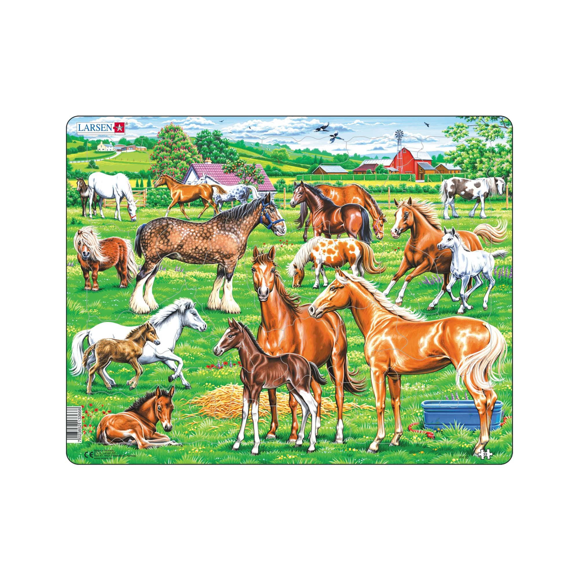 Larsen FH50 Beautiful Horses Jigsaw Puzzle - 33 Pieces - Horse Puzzle for Kids Ages 3+ - Figure & Contour Pieces, Boxless Tray & Frame