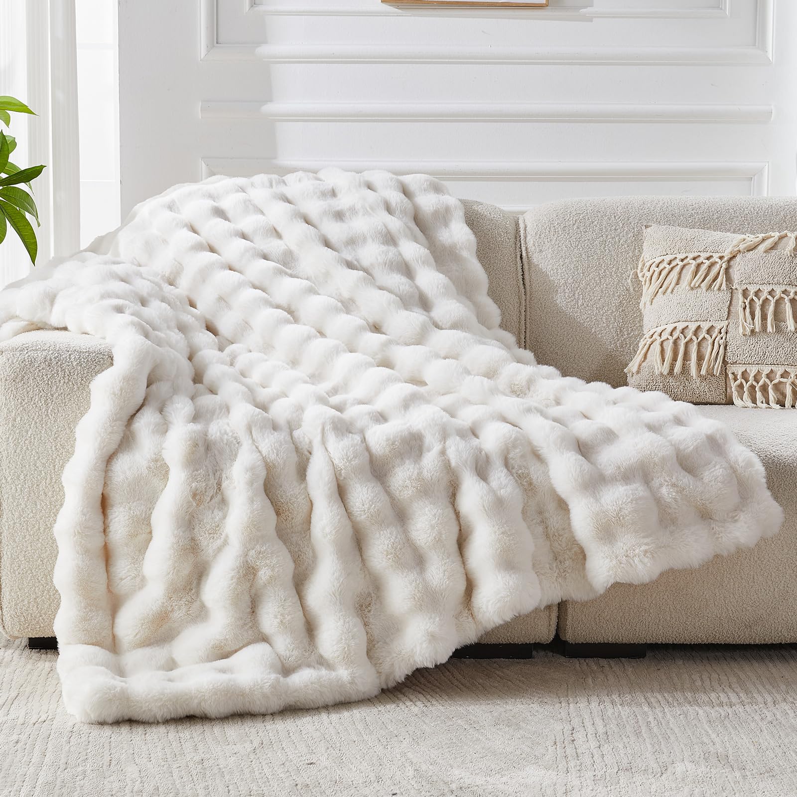 Photo 1 of Faux Fur Throw Blanket for Couch Bubble Blanket, Fluffy Fuzzy Soft Plush Thick Blanket for Sofa Bedroom, Cozy Luxury Winter Comfy Ivory, 90 * 90