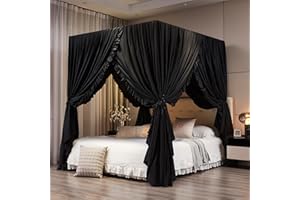 Mengersi Rideaux de lit noirs Queen Size, royal, respirant, léger, espace privé, rideaux de lit, rideaux de lit, accessoires 