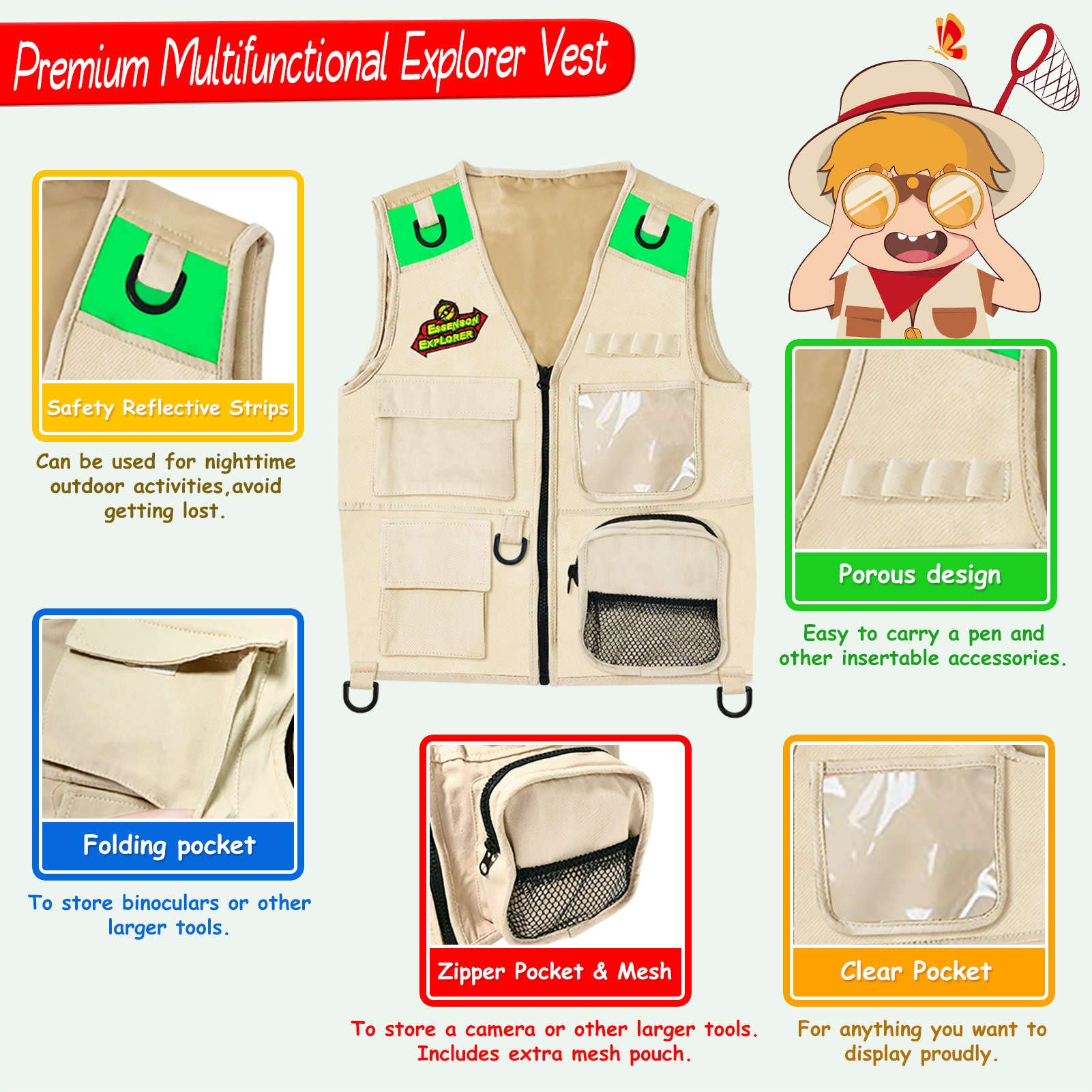 ESSENSON Outdoor Explorer Kit & Bug Catcher Kit with Vest, Outdoor Toy Gift for 3 4 5 6 7 8+ Year Old Boys Girls Kids Binoculars, Magnifying Glass, Butterfly Net, Camping, Adventure