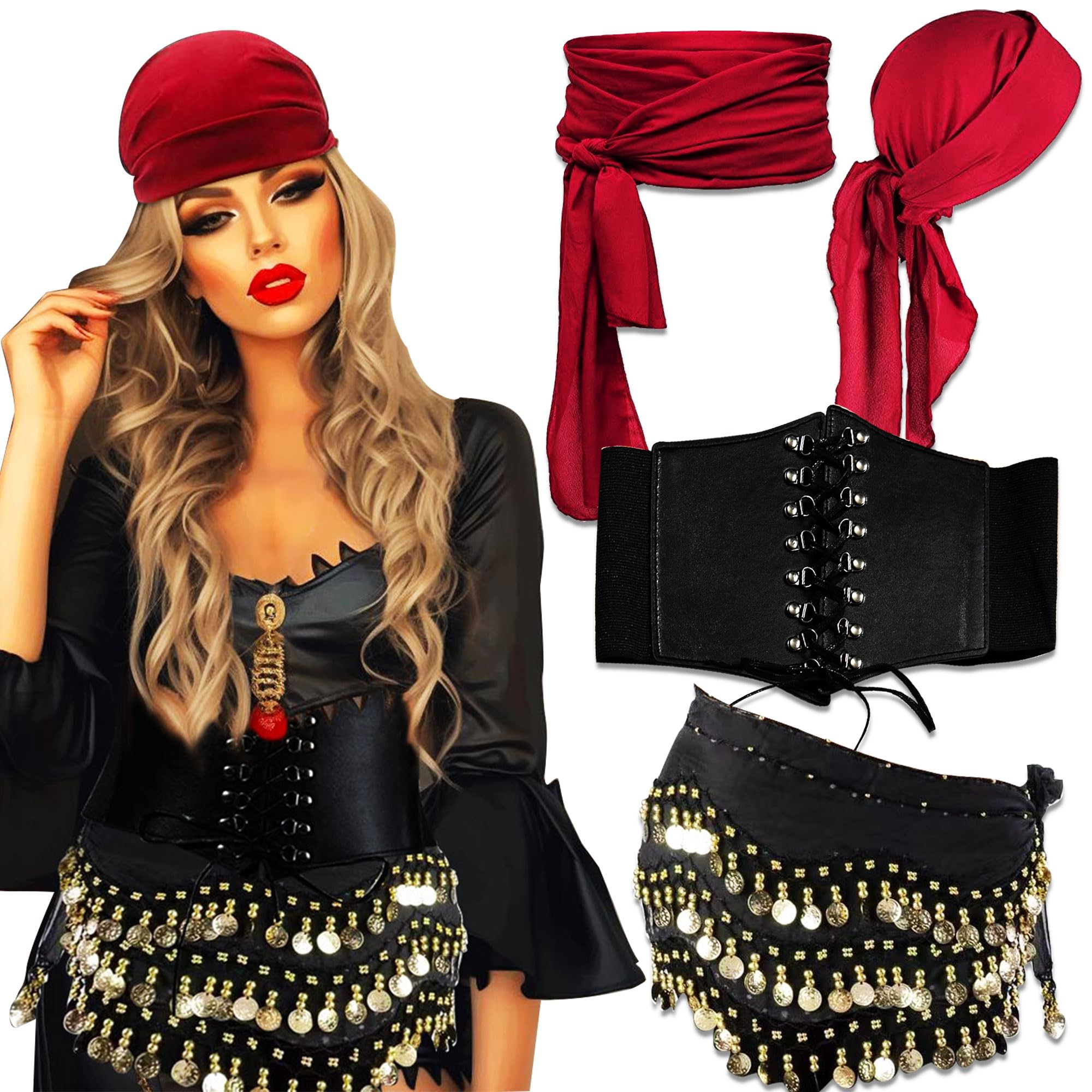 JeVenis Vintage Pirate Costume Accessories Set Pirate Headband Wrap Waist Belt Carnival Music Festival Outfit Dress Up Cos Accessories