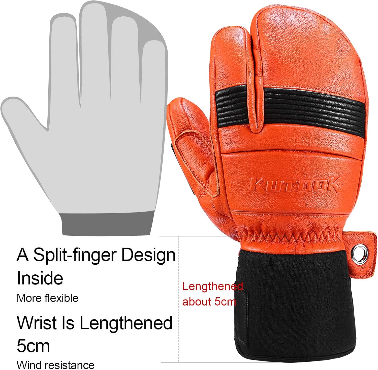 KUTOOK Ski Mittens with HIPORA Waterproof Membrane Goat Leather Gloves for Skiing Outdoor: Clothing