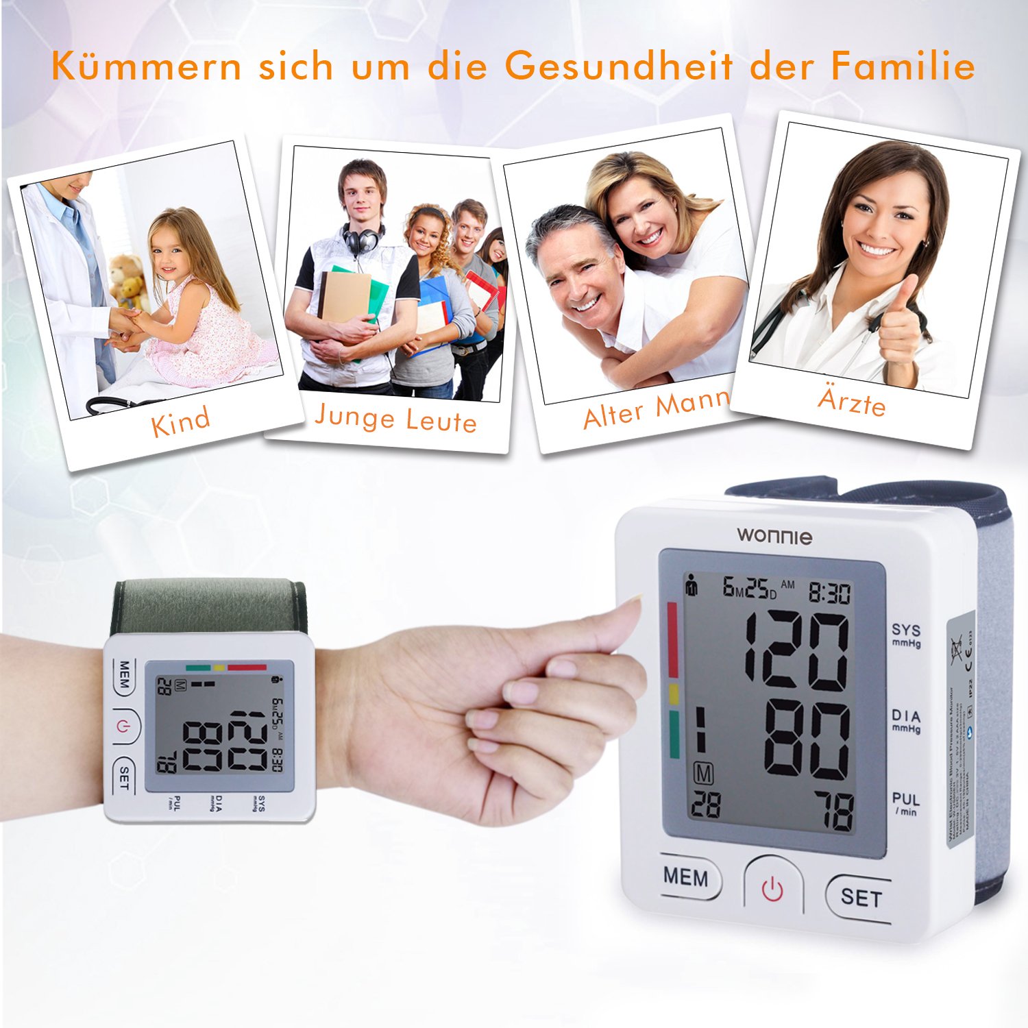 Handgelenk Blutdruckmessgerät, WONNIE hohe Messgenauigkeit vollautomatisches BP blutdruckmanschette Pulsmessung für zwei Benutzer (2x90 speicherbare) Heimgebrauch, FDA Zulassung Blood Pressure Monitor