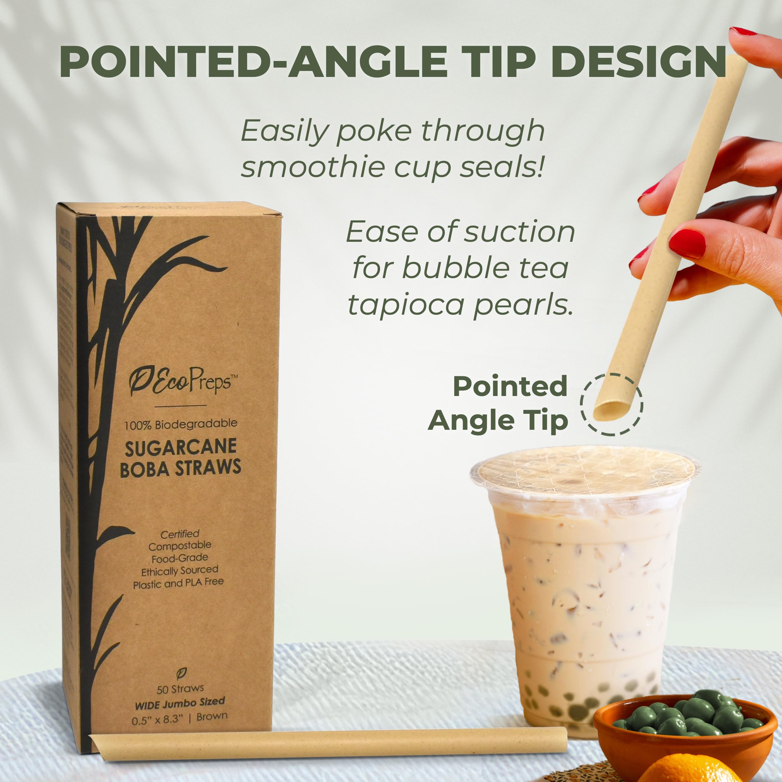 EcoPreps Biodegradable Jumbo Smoothie Straws, Sugarcane Boba Straws - 50 PCS, Extra Wide, 100% Compostable, Plastic-Free, Eco-Friendly Large Wide-Mouthed Straw - 8.3'' Long Sugarcane Disposable Straw - Image 3