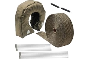 LEDAUT Turbo Blanket T3 cover for Turbocharger and 2" x 50' Titanium Exhaust Heat Wrap Roll for Motorcycle Fiberglass Tape with Stainless Ties and Thermal Heat Shield Cover with Fastener Springs