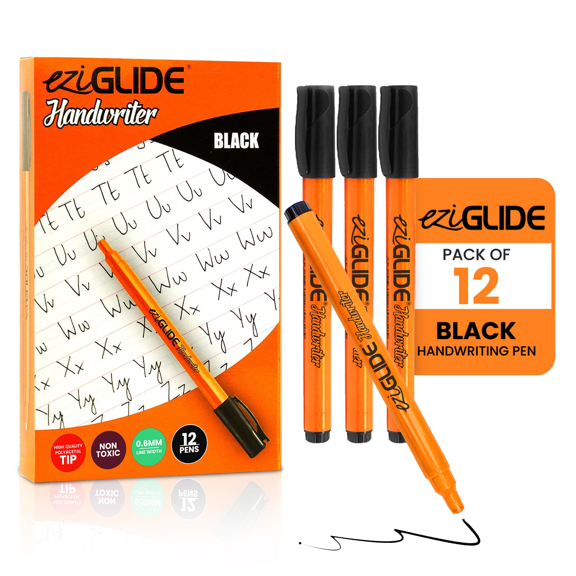 Eziglide Handwriting Pens, Pack of 12 Black Handwriting Pens for School and Home Learning, Durable Tip for Smooth, Effortless Ink Flow, Suitable for Both Right- and Left-Handed Children