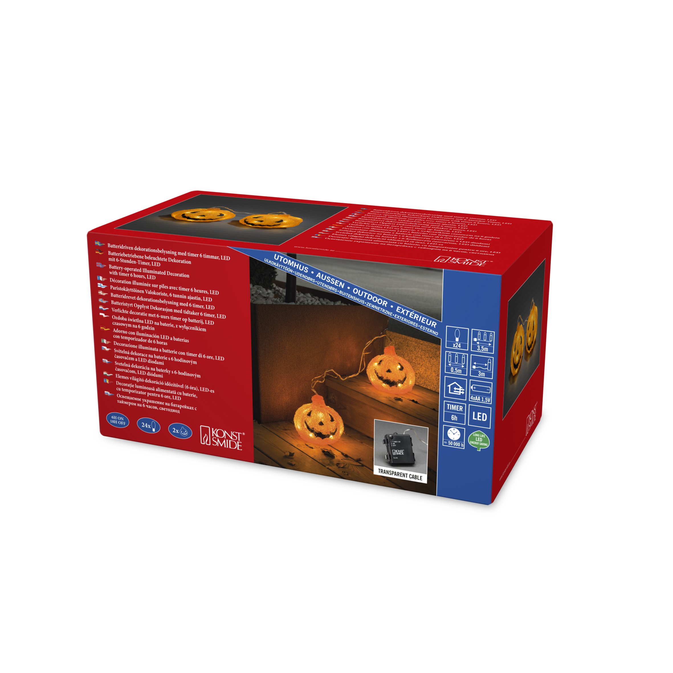 Konstsmide Halloween Decoration LED Light Set with 2 Acrylic Pumpkins for Outdoor Use (IP44)/Battery Operated: 4xAA 1.5V (excl.)/6h Timer/24 Warm White diodes/Transparent Cable