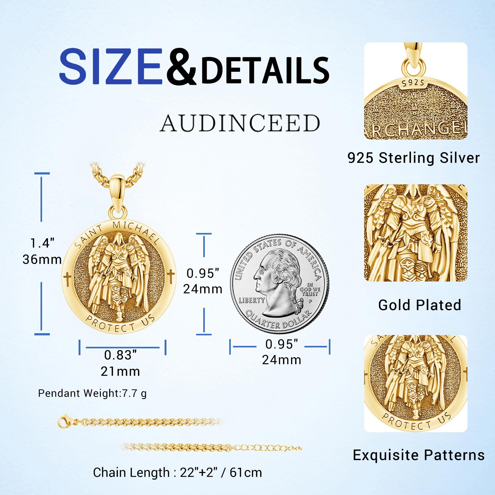 AUDINCEED 18K Gold St Michael Pendant/Saint Anthony/Archangel Raphael/St Benedict/San Judas/Jesus Cross/Santa Muerte/Virgin Mary Necklace 925 Sterling Silver Amulet Jewelry for Men Women