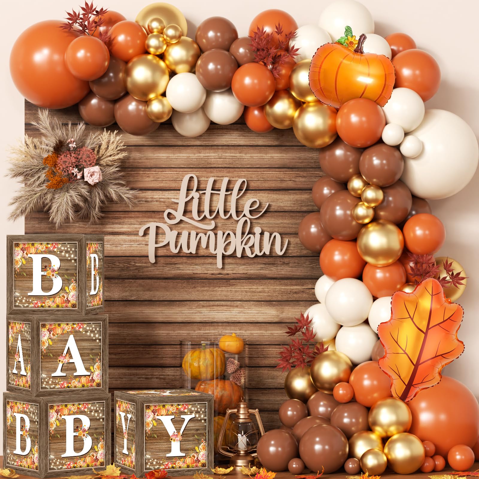 Photo 1 of *USED*Little Pumpkin Balloon Arch Kit and 4 Wood Grain Baby Boxes with Letters for Baby Shower, Floral Little Pumpkin Baby Shower Decorations with Burnt Orange Balloons for Fall Autumn Thanksgiving Party