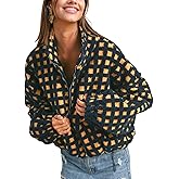 Esmeling Women’s Long Sleeve Cropped Sherpa Fleece Plaid Jacket Casual Chunky Teddy Fleece Outerwear
