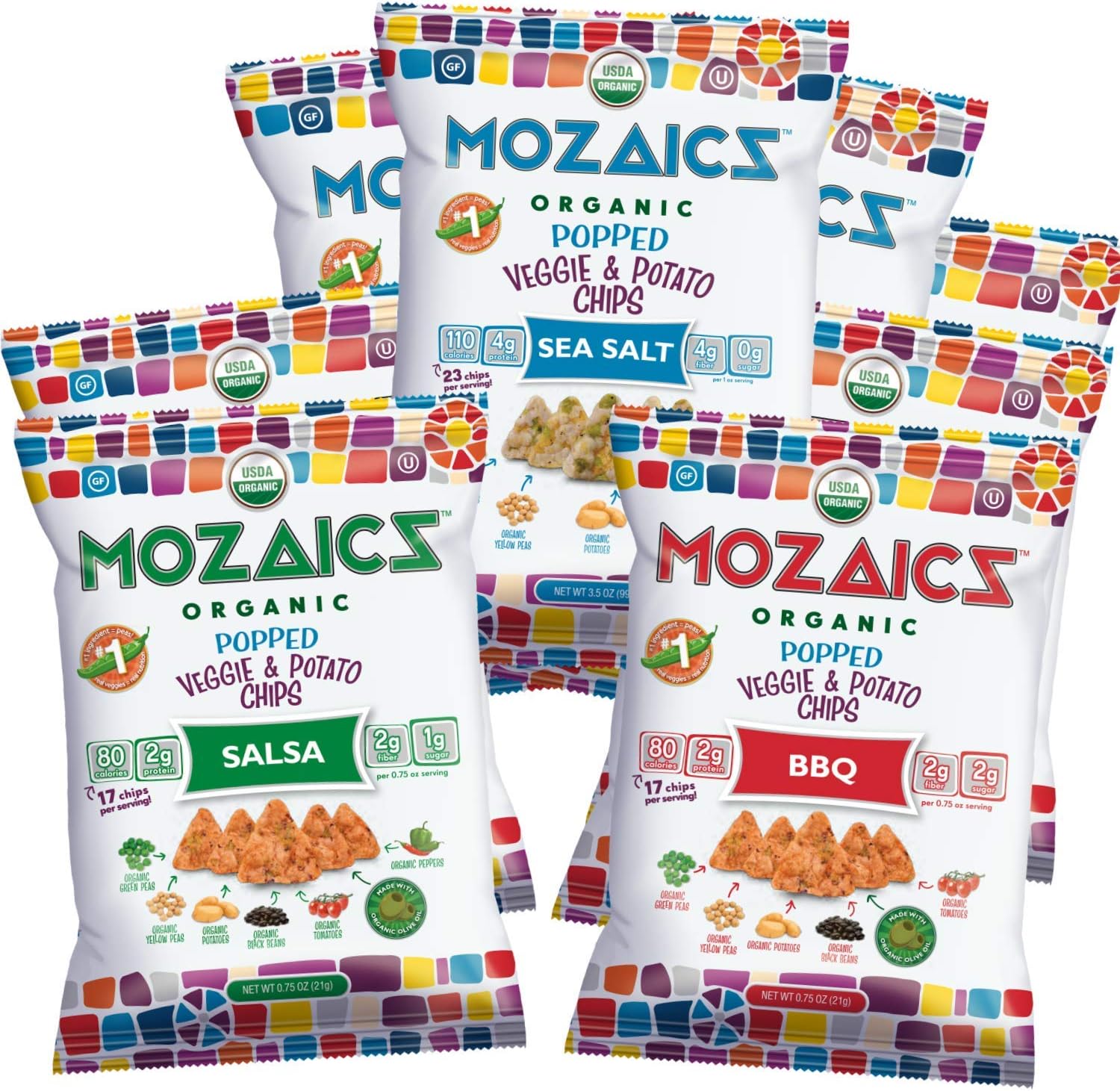 Mozaics VARIETY - Popped Veggie Chips (8-pack) | Healthy Pea Protein Crisps | Gluten free (3.5 oz bags)