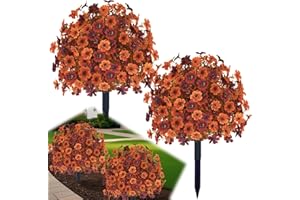 YUGYUM Set of 2 Fall Artificial Mums Flowers Boxwood Topiary Ball Bush with Ground Spike, 23" UV Resistant Faux Greenery Shrubs Orange, Fake Violet Plants for Garden, Yard, Porch, Patio Autumn Outdoor Decor