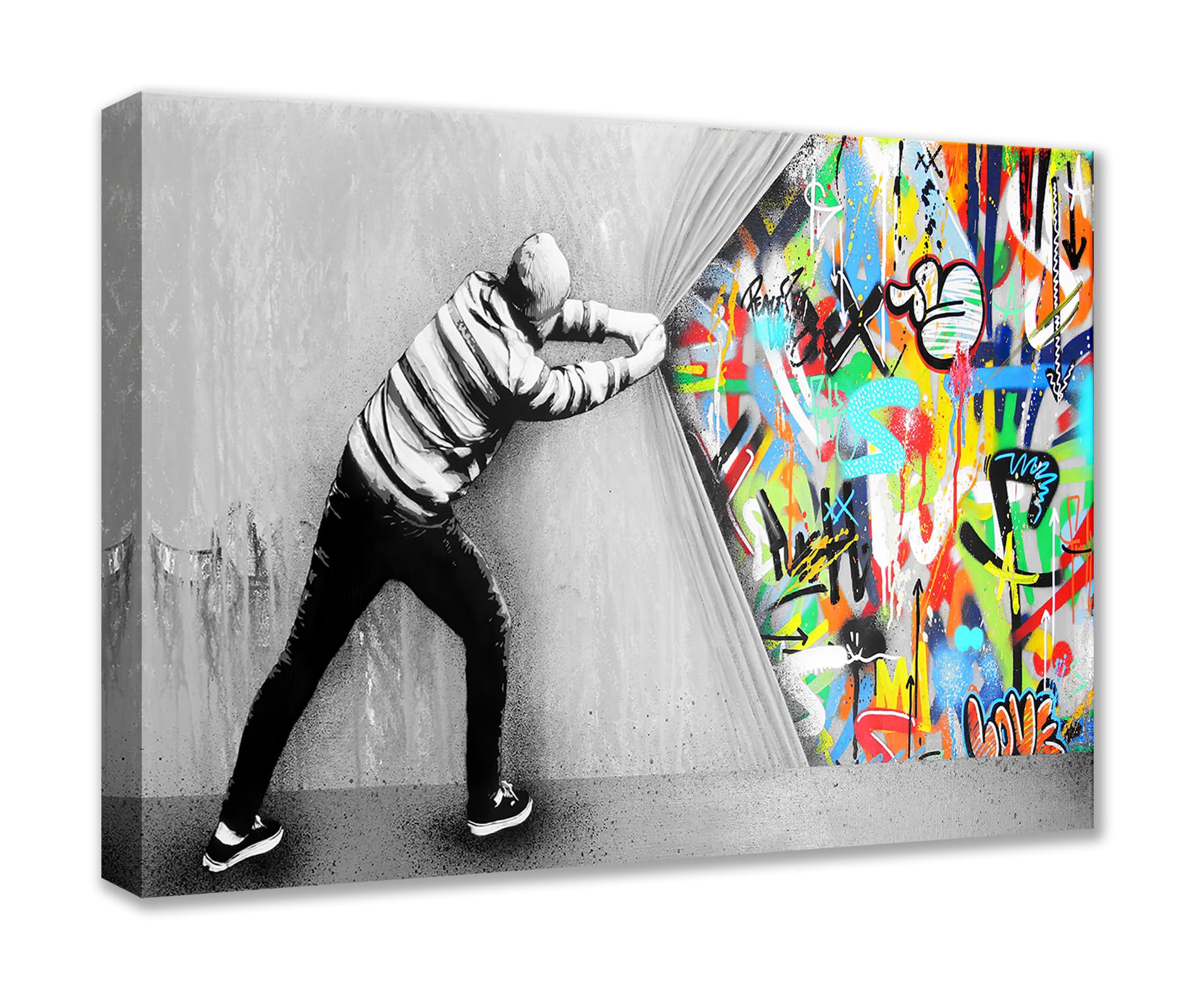 Graffiti Street Wall Art Banksy Art Paintings Doodle Pictures Behind the Curtain Artwork for Living Room 1 Panels Print Canvas House Decor Framed Gallery-Wrapped Ready to Hang(12''W x 16''H)