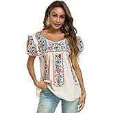 Mexican Shirts for Women Embroidered Tops Traditional Peasant Summer Tunic Blouse