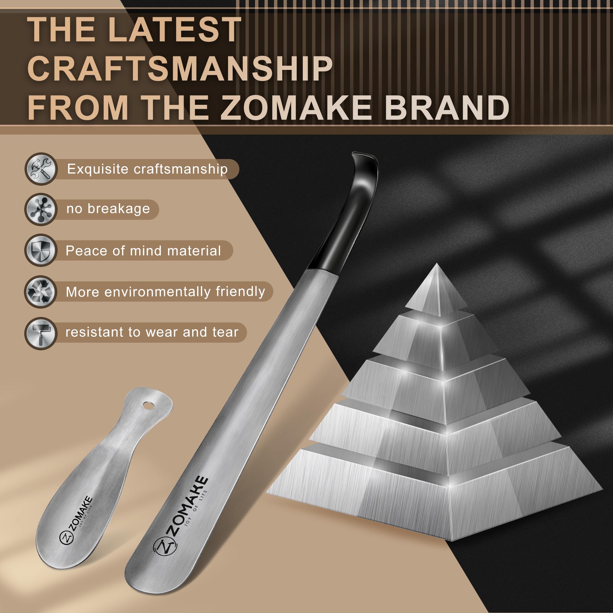 ZOMAKE ZOMAKE Metal Shoe Horn Long Handled with Handle for Seniors, 16.5 inch & 7.5 inch Stainless Steel Small Shoehorn with Hook for Men, Women, Kids(Silver, Pack of 2)
