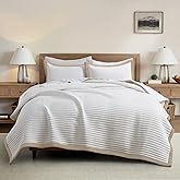 Bonlino White Quilt Set Queen Size - Farmhouse Soft Striped Stitch Bedding Bedspread Coverlet Summer Lightweight Quilt Bed Sets with 2 Pillow Shams for Home All Season with Linen Border